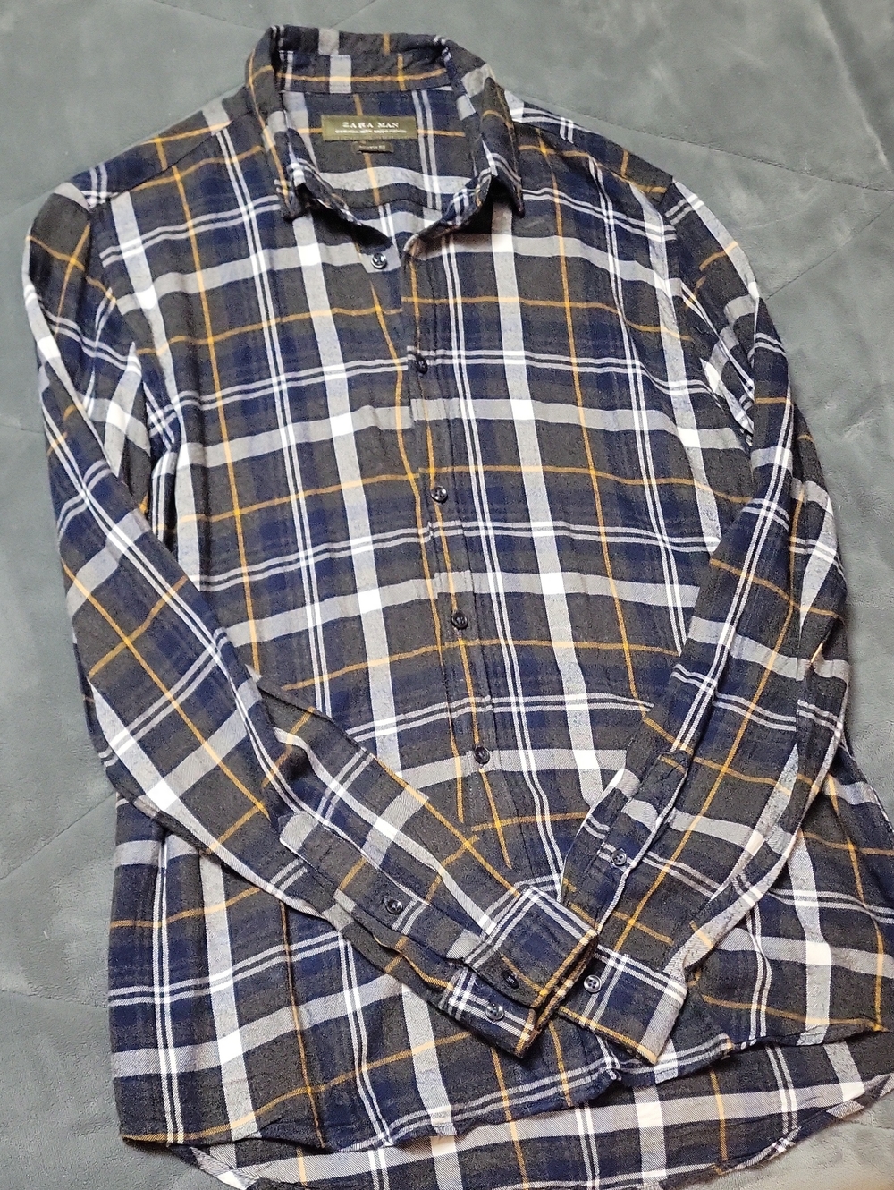 Zara Men’s Navy, White & Tan Plaid Button-Down Shirt
